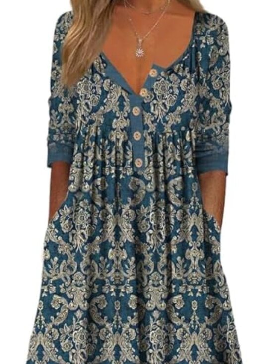 NWT Women's Boho Floral Maxi Dress 2X Teal Damask Print V-Neck Pockets - Picture 3 of 16